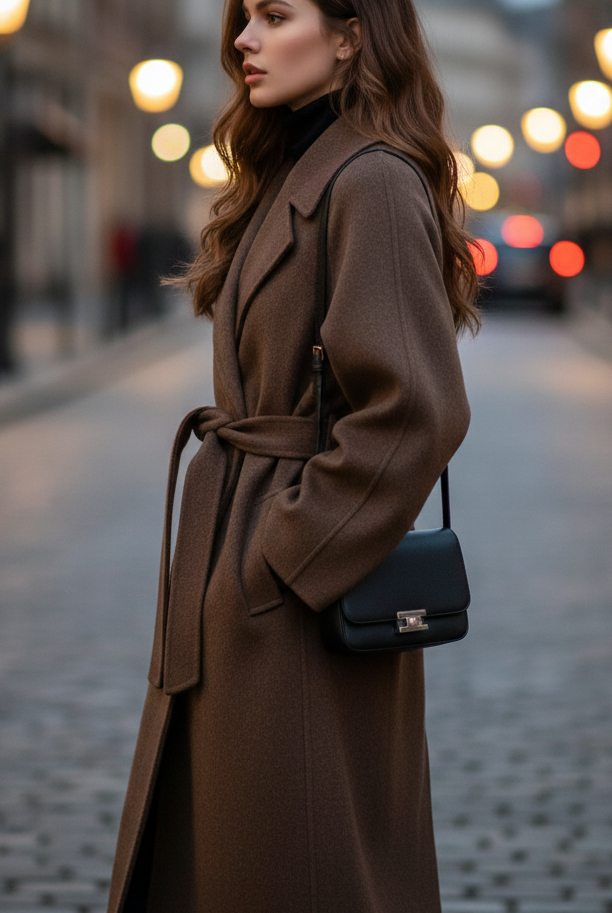 Brown Aurora Luxe Classic Belted Structured Overcoat by Lumina Wear, shown on a model, featuring a tailored fit and stylish belt detail.