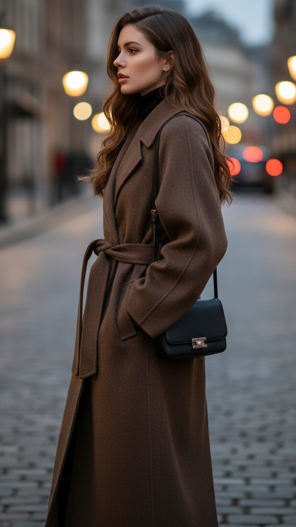 Brown Aurora Luxe Classic Belted Structured Overcoat by Lumina Wear, shown on a model, featuring a tailored fit and stylish belt detail.