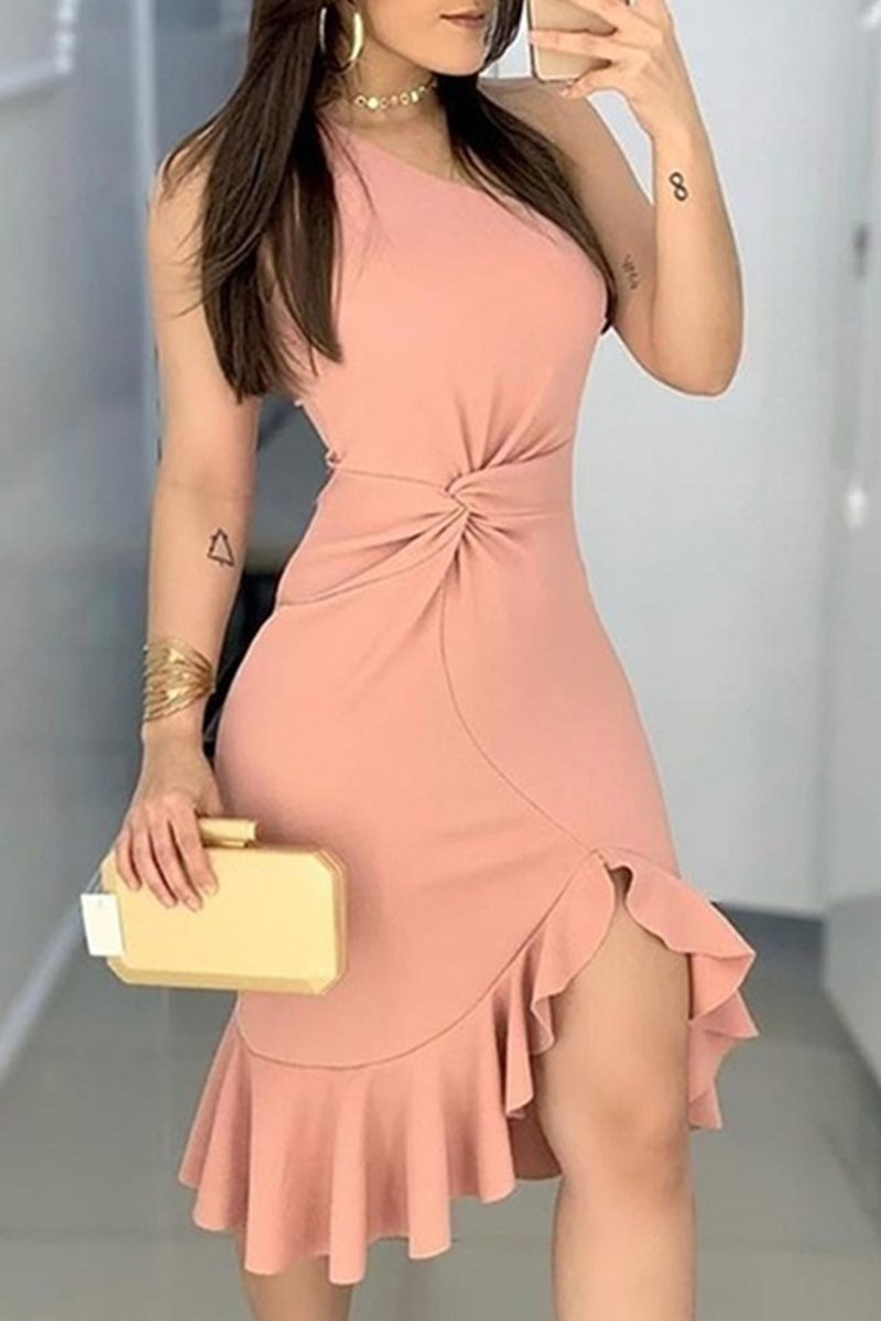Pink Inkeri one-shoulder wrap dress by Lumina Vancouver, mini dress with elegant drape and chic style.