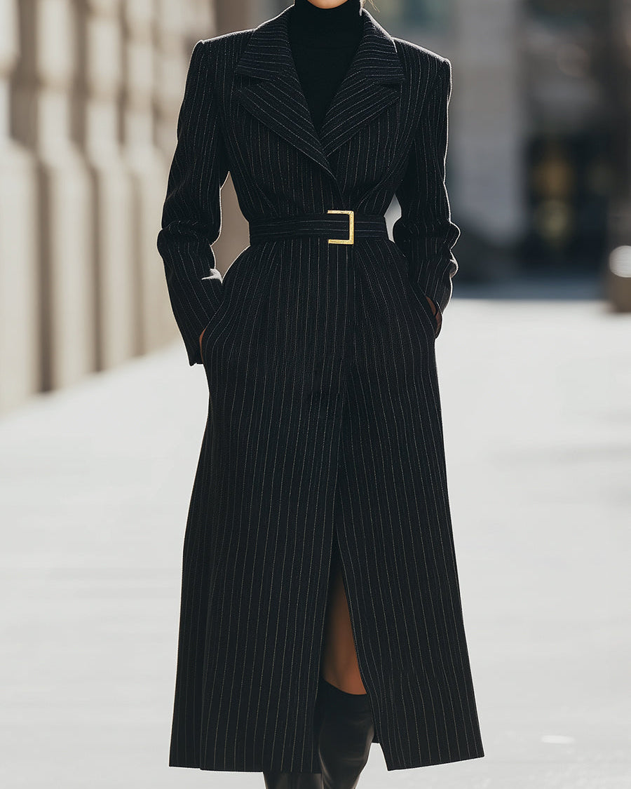 Black Aurora Lumina structured pinstripe belted long coat hanging on a rack, showcasing its tailored design and belt detail.