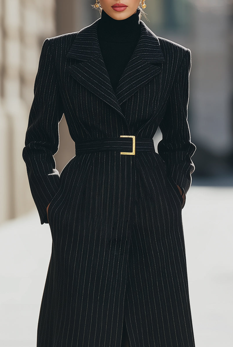 Black Aurora structured pinstripe belted long coat by Lumina Vancouver, displayed on a mannequin.