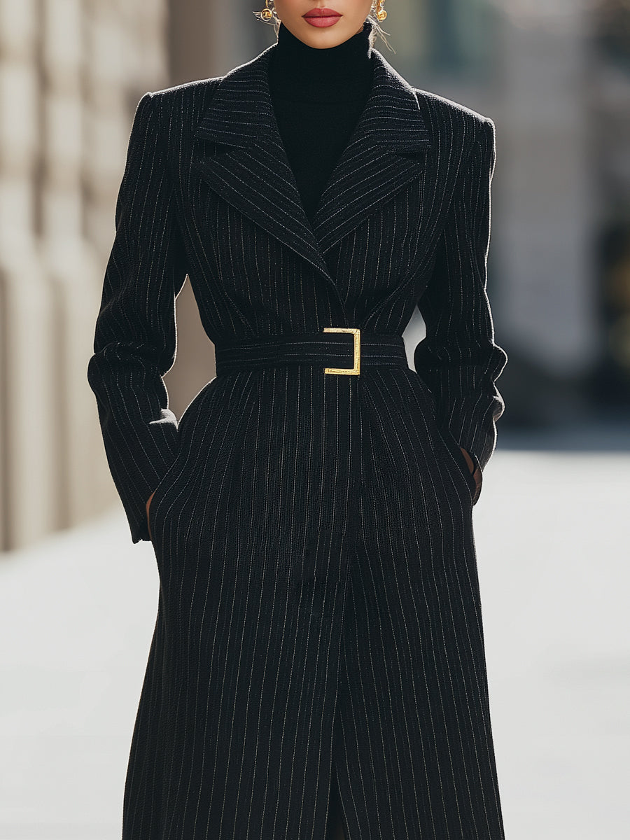 Black Aurora structured pinstripe belted long coat by Lumina Vancouver, displayed on a mannequin.