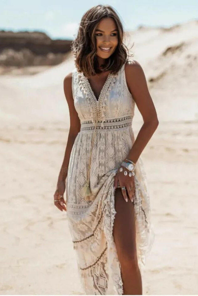 Beige AVA™ boho dress by Lumina Vancouver with flowing fabric, perfect for casual and summer wear.