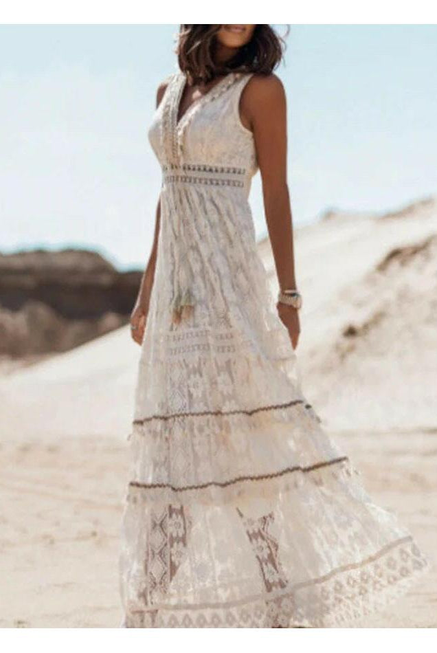Beige AVA™ Boho Dress by Lumina Vancouver with relaxed fit, flowing fabric, and bohemian style, perfect for casual wear.