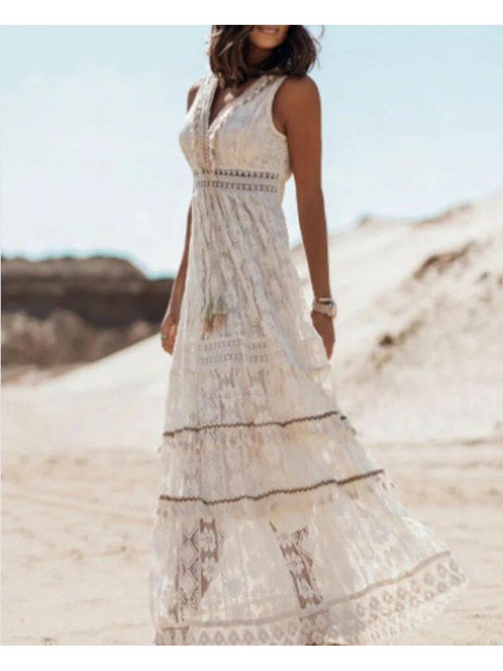 Beige AVA™ Boho Dress by Lumina Vancouver with relaxed fit, flowing fabric, and bohemian style, perfect for casual wear.