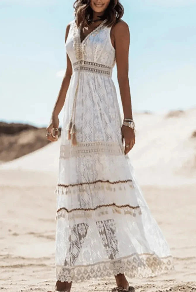 Beige AVA™ boho dress by Lumina Vancouver featuring flowing fabric and relaxed fit, ideal for casual and summer wear.