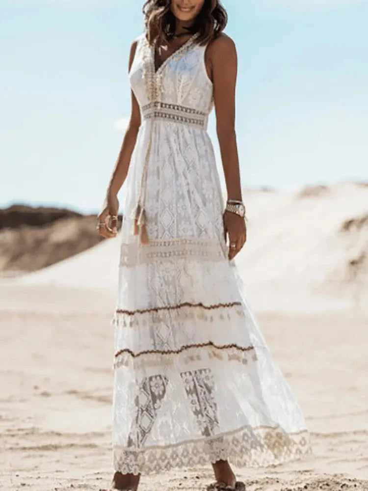 Beige AVA™ boho dress by Lumina Vancouver featuring flowing fabric and relaxed fit, ideal for casual and summer wear.