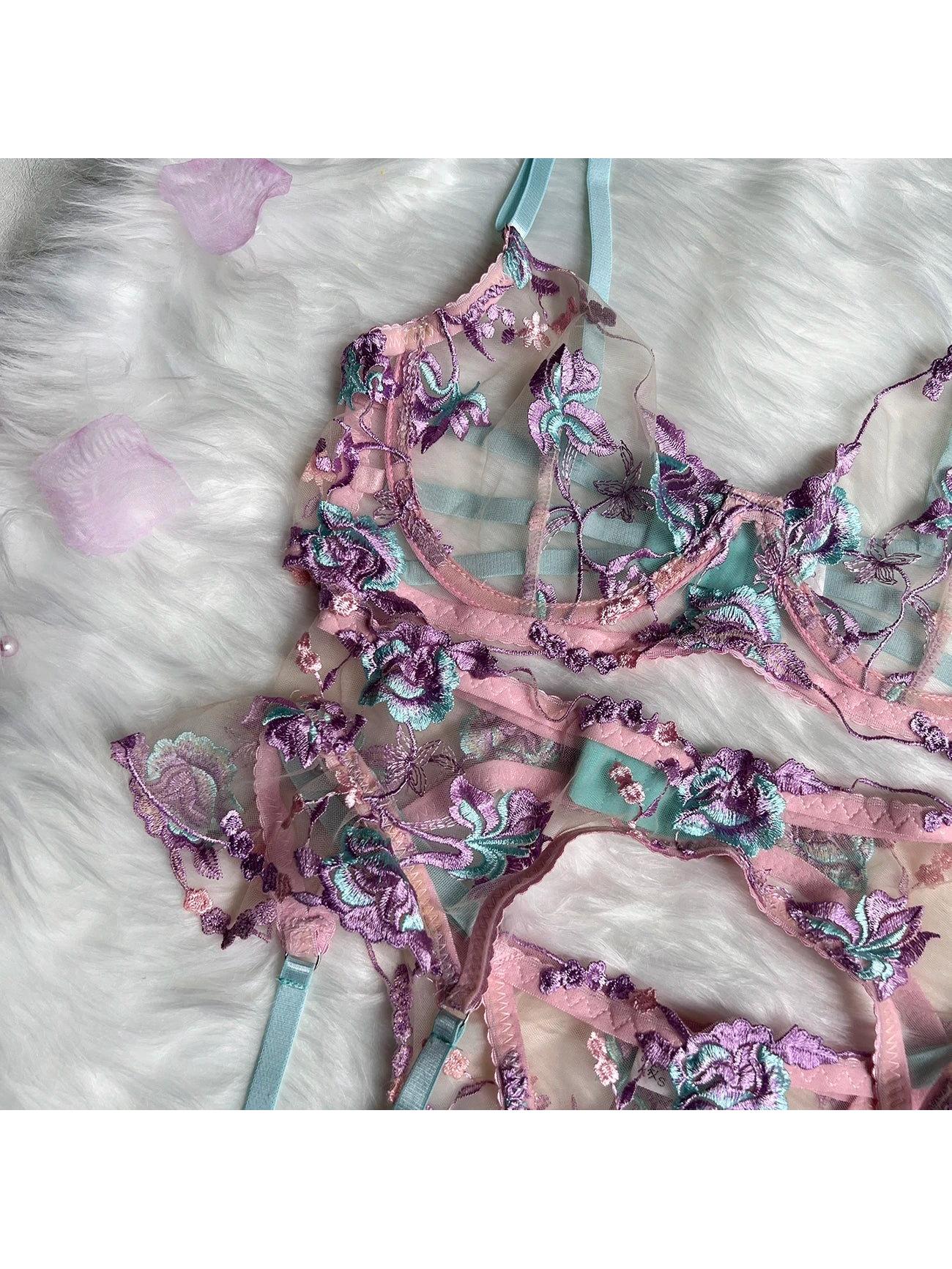 Lumina Vancouver Helene lingerie set featuring delicate lace bra and matching panties in soft pastel tones.