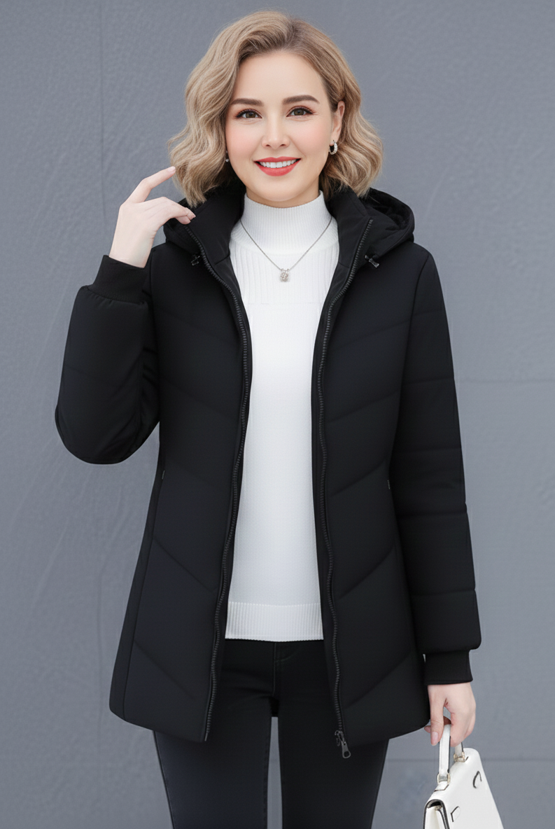 Green Ava Lumina Wear quilted hooded puffer jacket with streamlined fit, showcasing a sleek design and padded insulation.