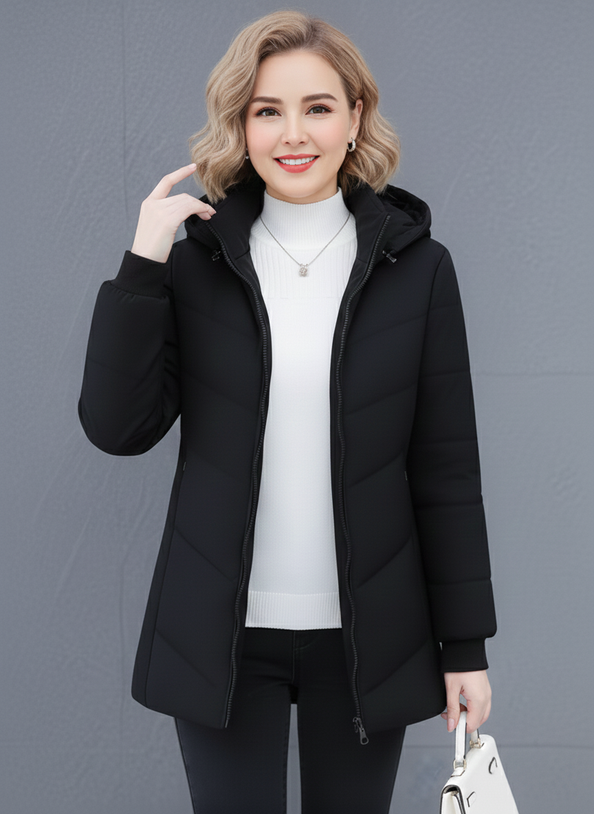 Green Ava Lumina Wear quilted hooded puffer jacket with streamlined fit, showcasing a sleek design and padded insulation.