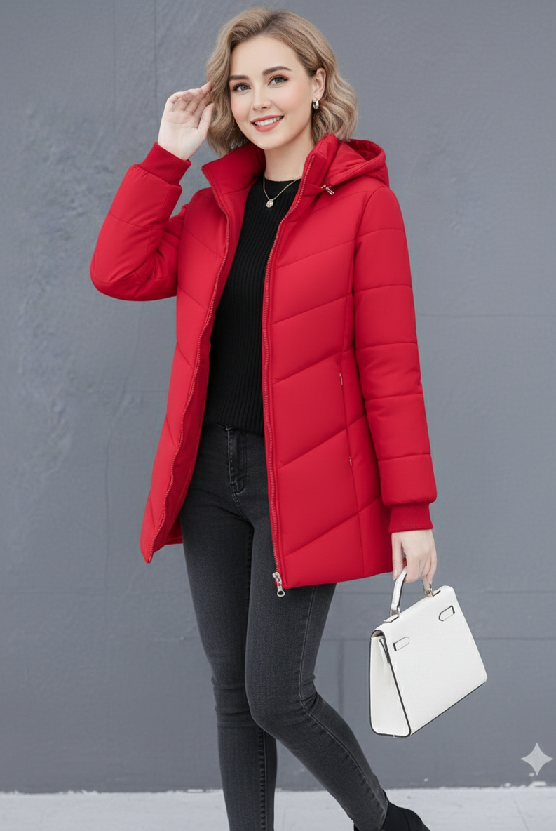 Green Ava Lumina Wear quilted hooded puffer jacket with streamlined fit, lightweight design, and cozy hood for cold weather.