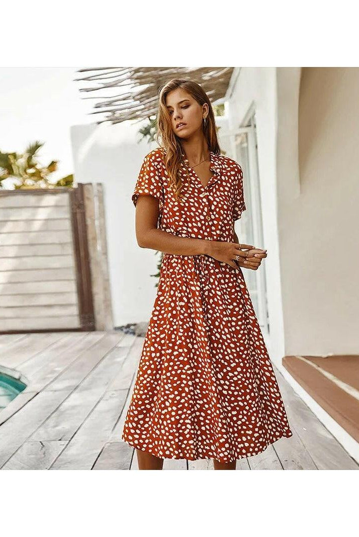 Lumina Wear Ayesha printed summer dress in white, lightweight and breezy perfect for warm weather, shown on a model.