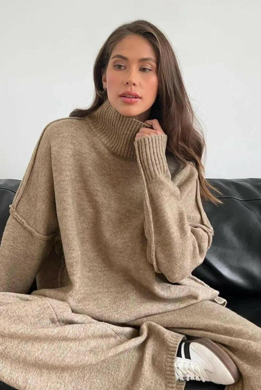 A caramel-colored knit set by Lumina Wear featuring a cozy sweater and matching pants, displayed on a hanger.