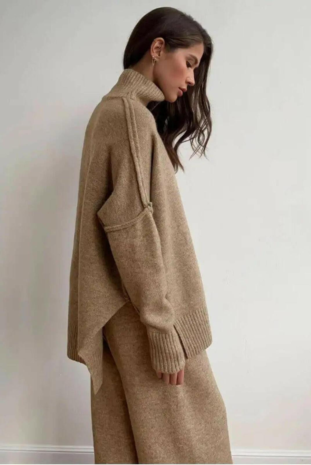 A caramel-colored knit set by Lumina Wear, featuring a cozy sweater and matching pants, styled for casual comfort.