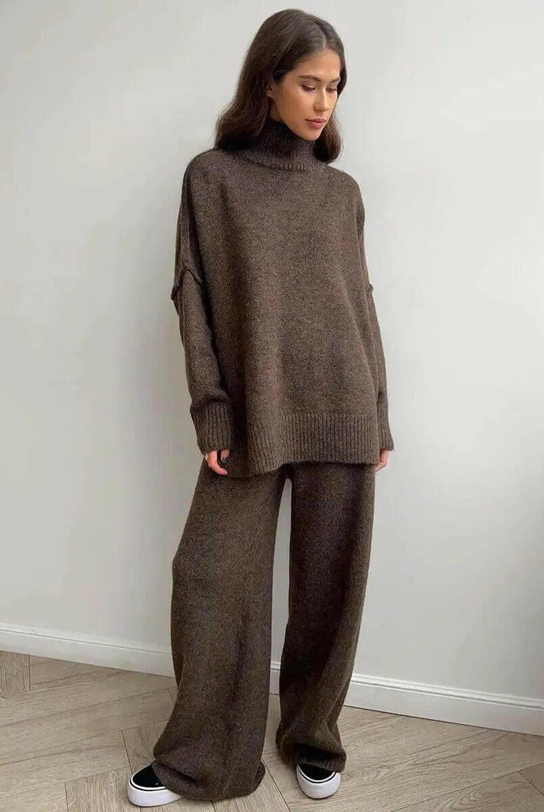 A caramel-colored knit set including a sweater and matching pants from Lumina Wear's Ayla collection, styled on a model.