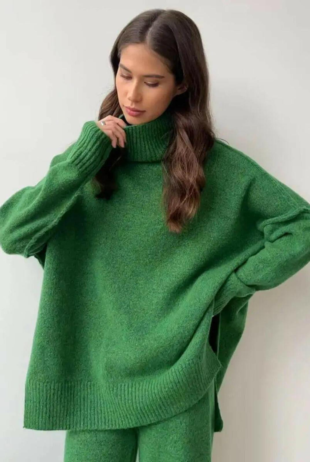A caramel-colored knit set from Lumina Wear featuring a cozy sweater and matching pants, styled for casual comfort.