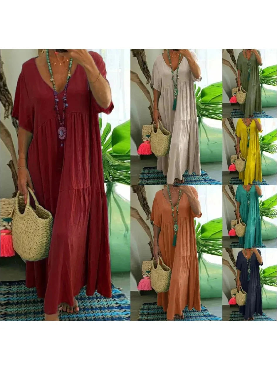 Beige cotton linen dress by Lumina Wear, the BAHAMA dress, shown on a model with a relaxed fit and casual style.