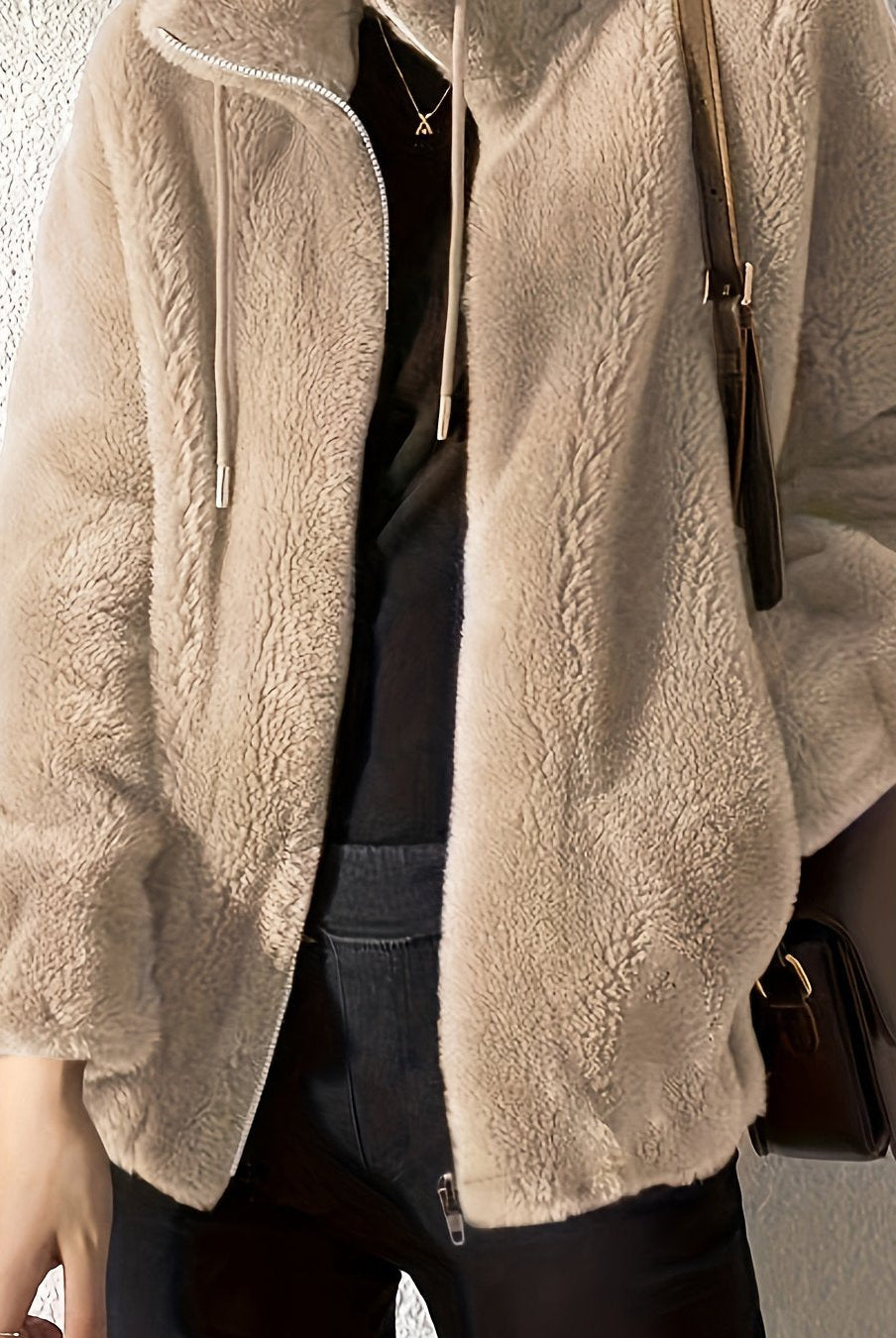 Lumina Wear Beatrice plush teddy fleece jacket with high collar, khaki color, cozy and warm for casual wear.