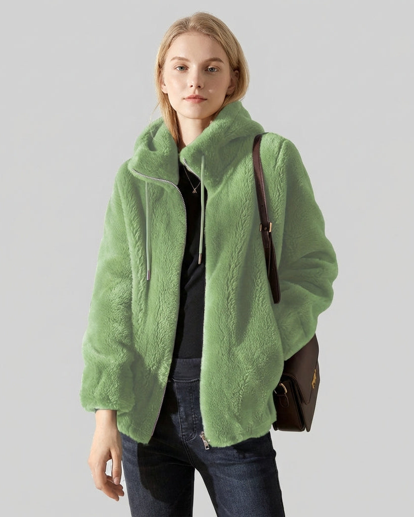 Lumina Wear Beatrice plush teddy fleece jacket with high collar in khaki, shown on a model, cozy and stylish outerwear.