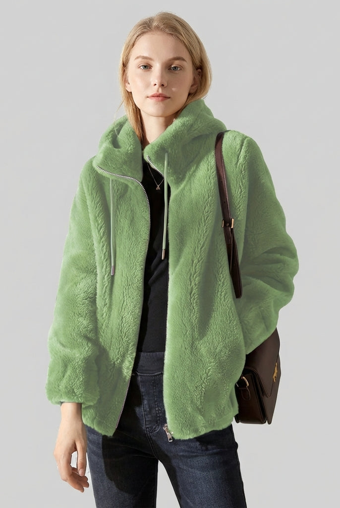 Lumina Wear Beatrice plush teddy fleece jacket with high collar in khaki, shown in XS size, cozy and stylish for cold weather.
