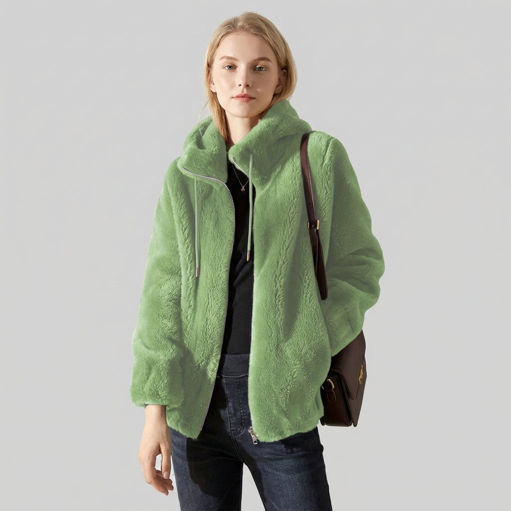 Lumina Wear Beatrice plush teddy fleece jacket with high collar in khaki, shown in XS size, cozy and stylish for cold weather.