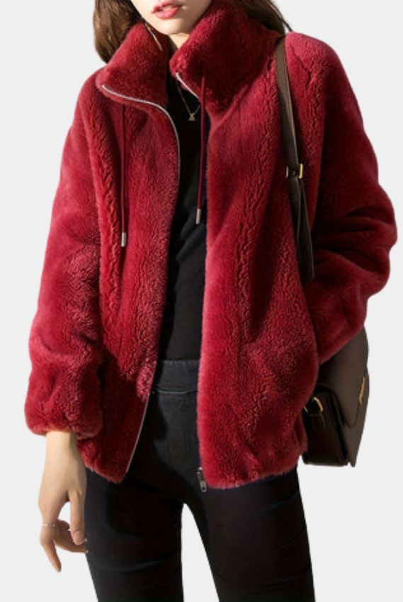 Lumina Wear Beatrice plush teddy fleece jacket with high collar in khaki, cozy and warm for casual wear.