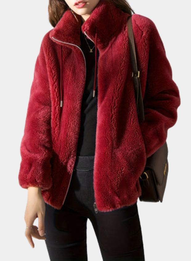 Lumina Wear Beatrice plush teddy fleece jacket with high collar in khaki, cozy and warm for casual wear.