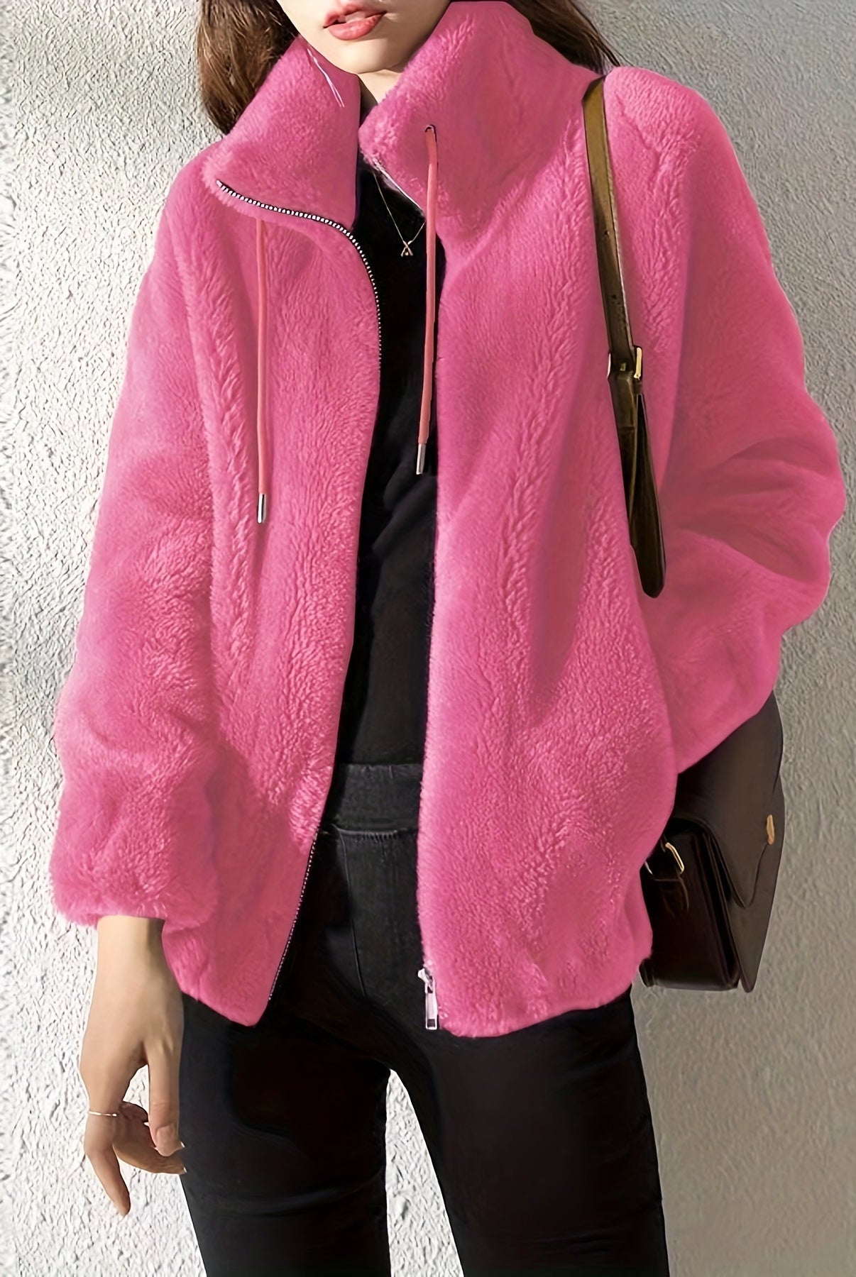Beatrice plush cozy teddy fleece jacket with high collar by Lumina Wear, shown in khaki, XS size, soft and warm outdoor jacket.