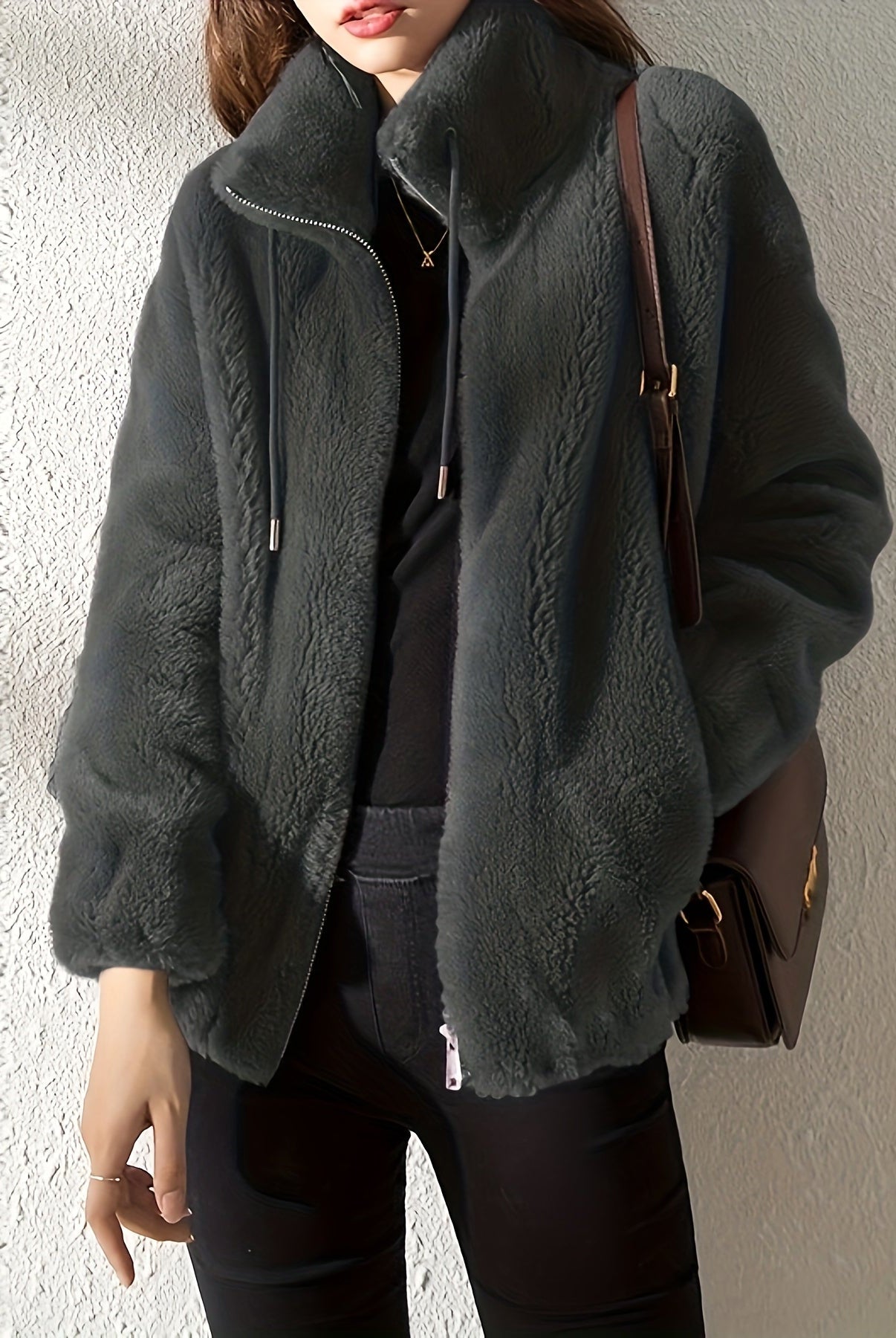 Lumina Wear Beatrice plush teddy fleece jacket with high collar in khaki, shown in XS size, cozy and stylish for cold weather.