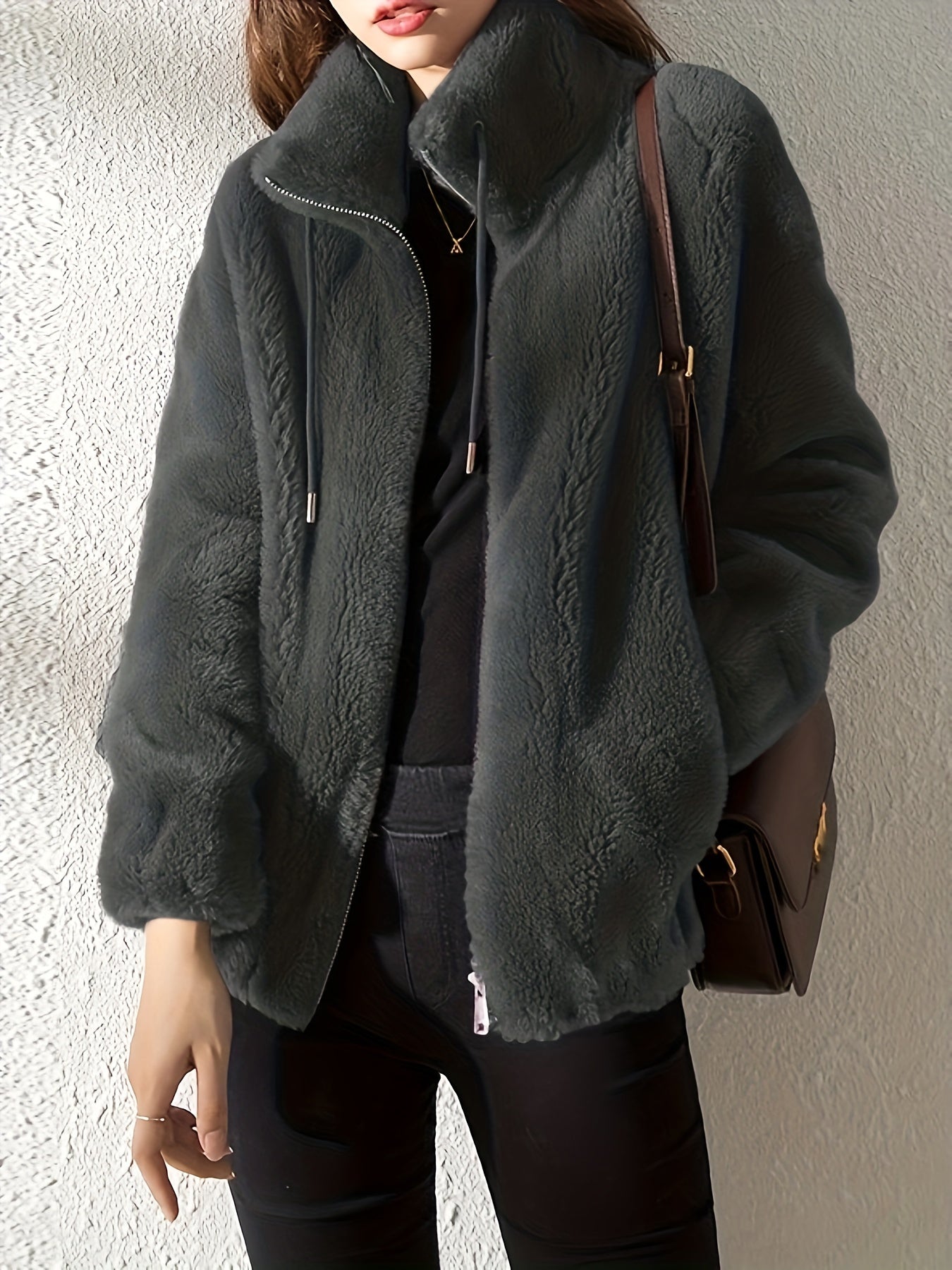 Lumina Wear Beatrice plush teddy fleece jacket with high collar in khaki, shown in XS size, cozy and stylish for cold weather.