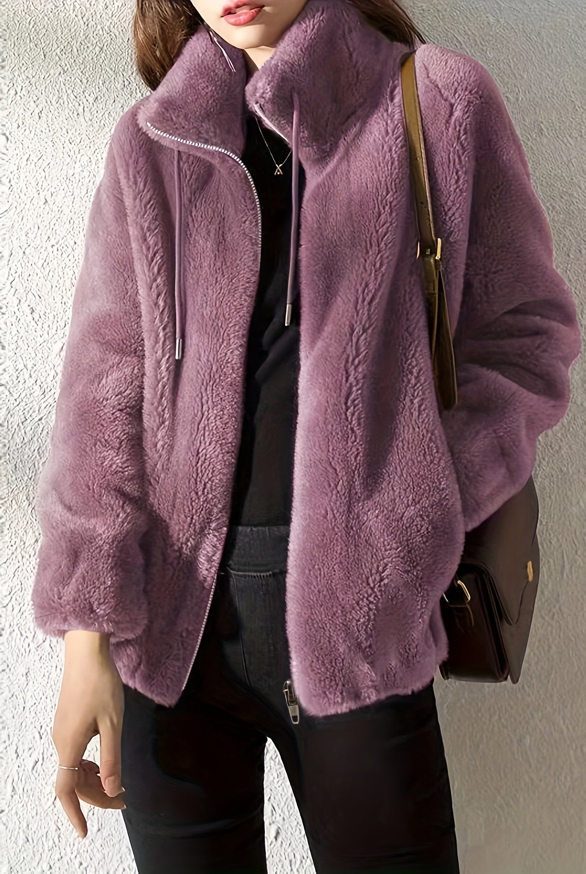 Lumina Wear Beatrice plush teddy fleece jacket with high collar, khaki color, XS size, cozy and stylish for cold weather.