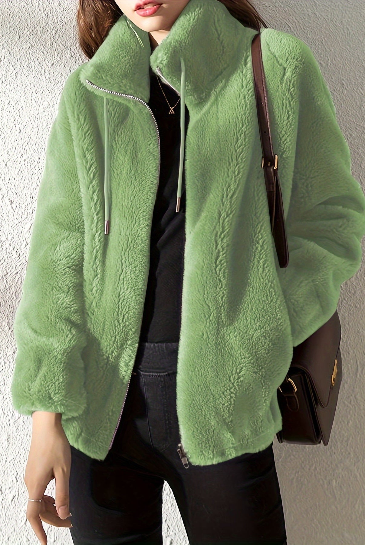 Lumina Wear Beatrice plush teddy fleece jacket with high collar in khaki, shown on a model showcasing cozy winter style.