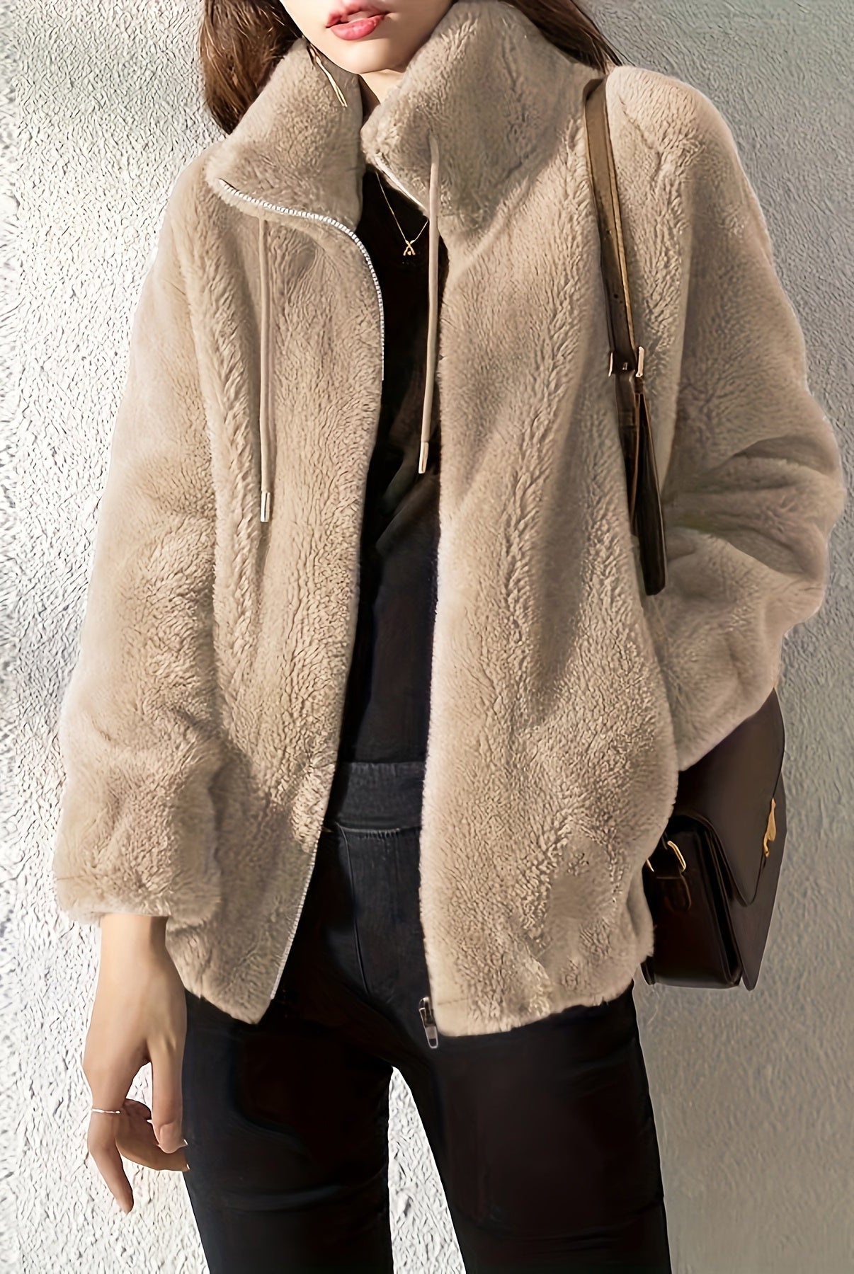 Lumina Wear Beatrice plush teddy fleece jacket with high collar in khaki, shown in size XS, cozy and stylish for cold weather.