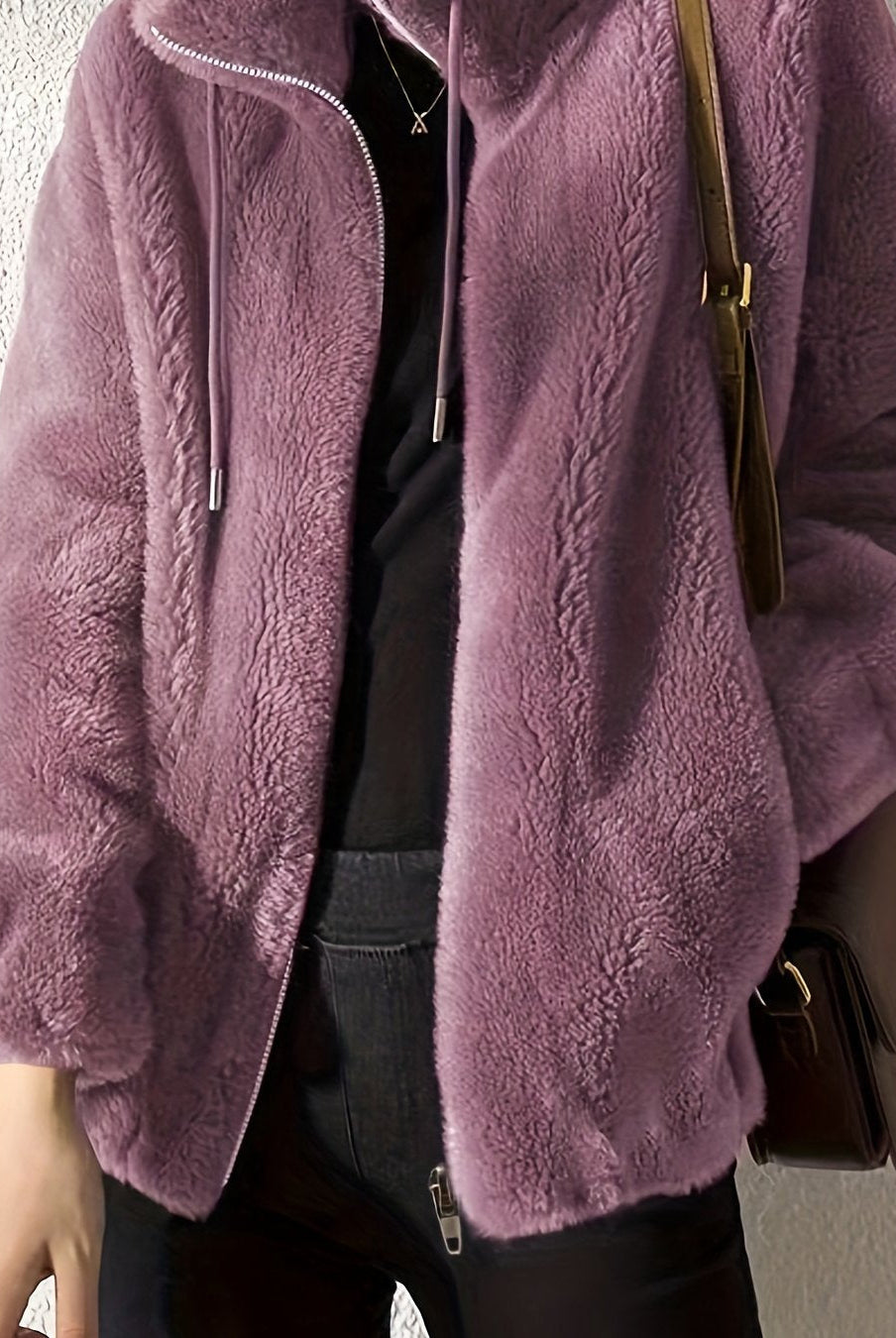 Beatrice plush teddy fleece jacket with high collar by Lumina Wear in khaki, shown in size XS, cozy and stylish outerwear.