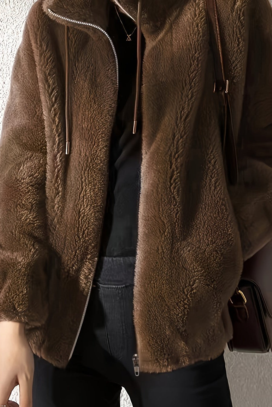 Lumina Wear Beatrice plush teddy fleece jacket with high collar in khaki, shown in size XS, cozy and stylish for cold weather.