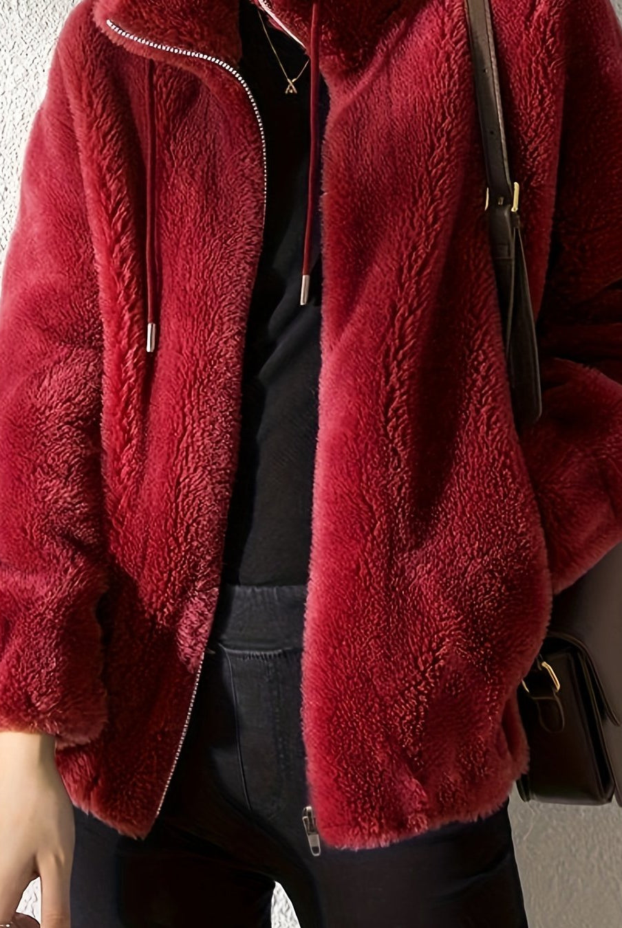 Lumina Wear Beatrice plush teddy fleece jacket with high collar in khaki, shown in size XS, cozy and stylish outerwear.