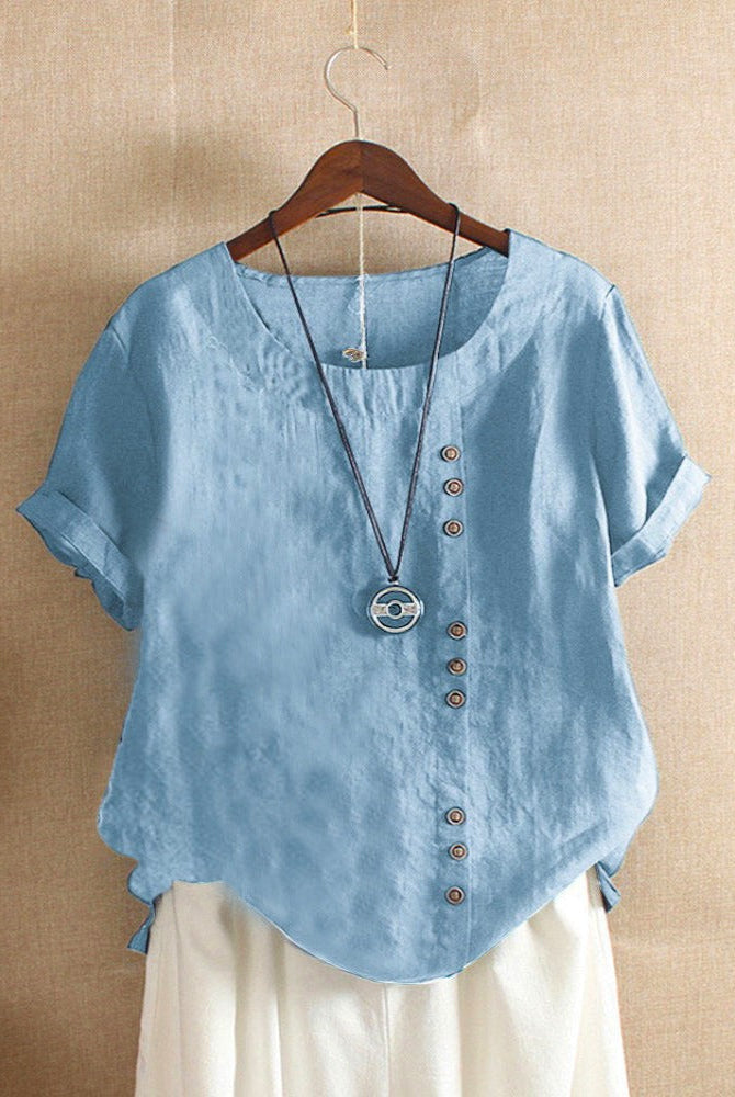 Pink Beatrice relaxed casual blouse with button detail by Lumina Wear, featuring a comfortable fit and stylish design.