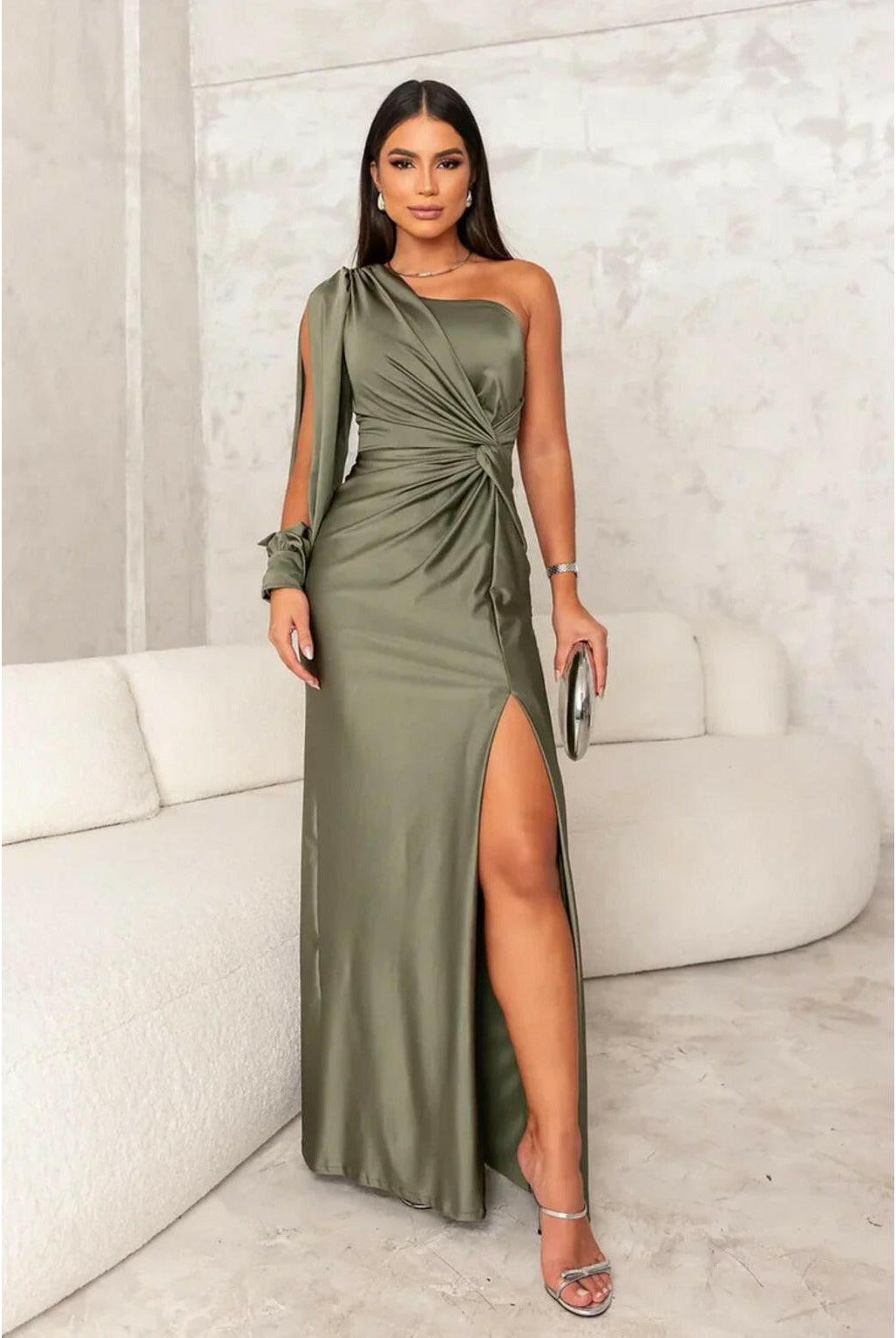 Olive green Becca elegant satin maxi dress by Lumina Wear, featuring a flowing fabric and stylish design, perfect for formal occasions.