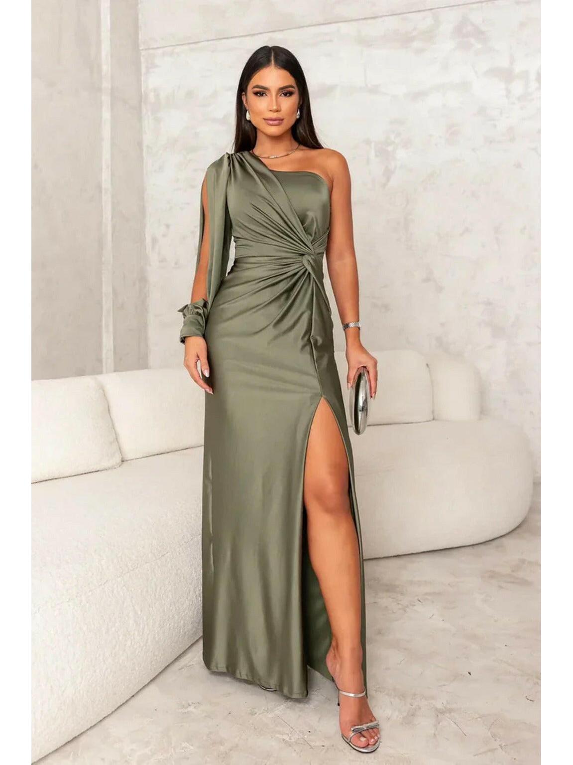 Olive green Becca elegant satin maxi dress by Lumina Vancouver, perfect for wedding guests, shown on a model.