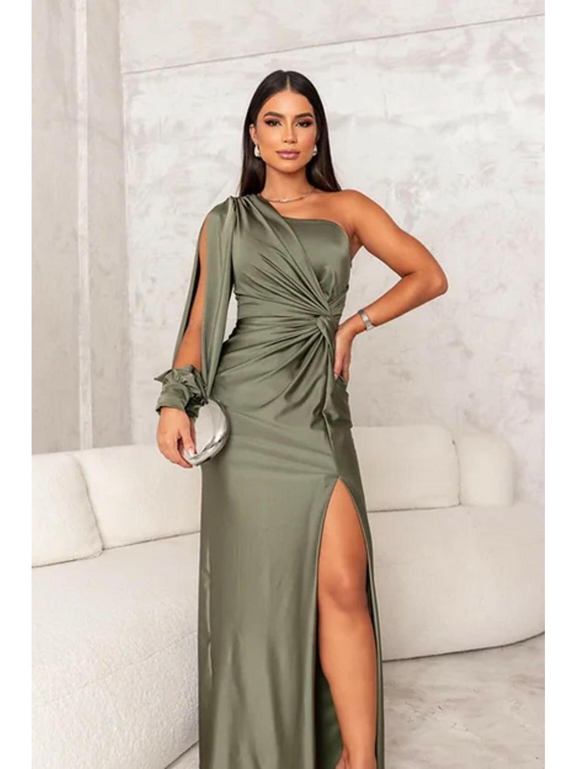 Olive green Becca satin maxi dress by Lumina Vancouver, elegant wedding guest gown with flowing fabric and sophisticated design.