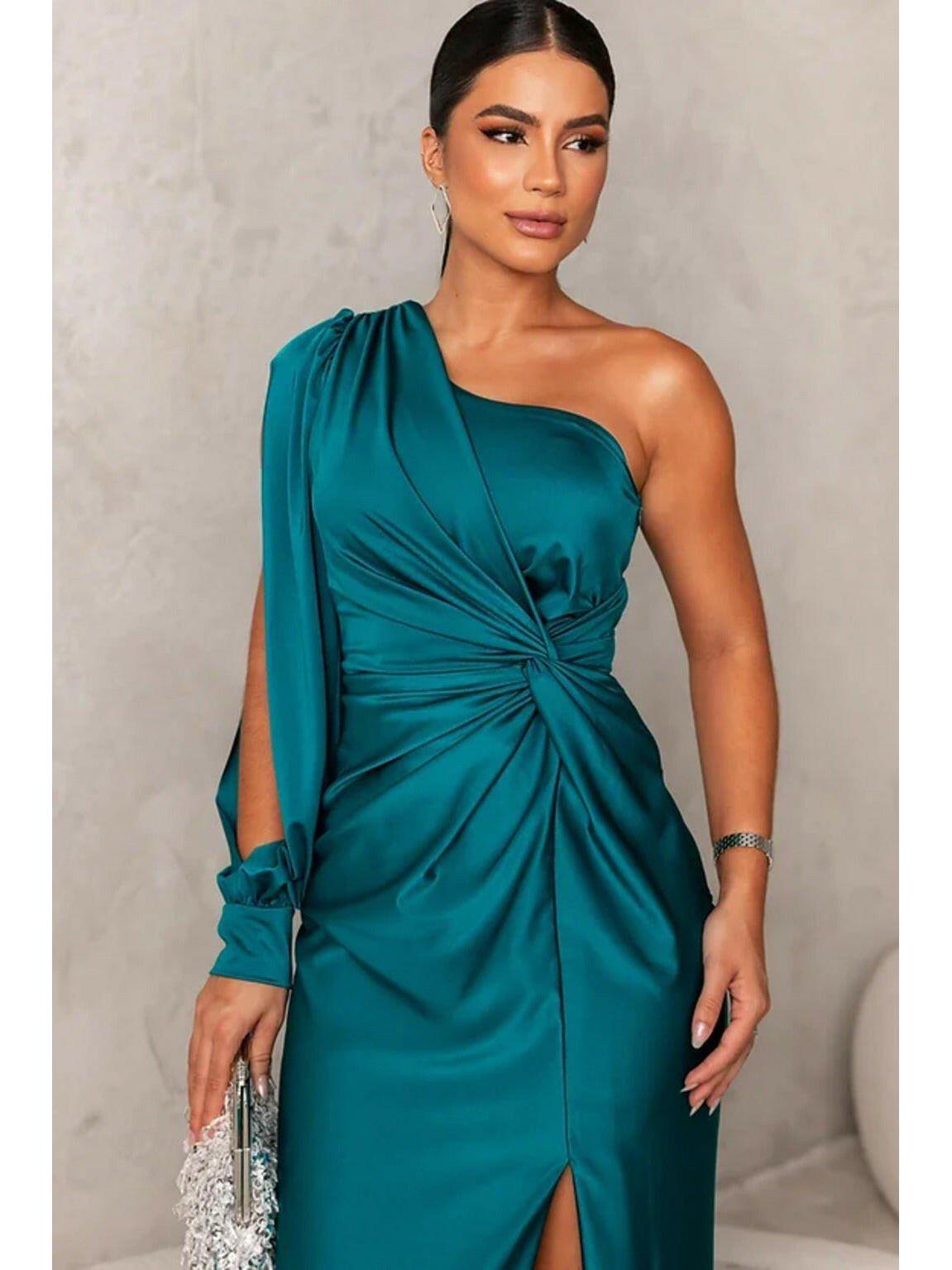 Olive green Becca satin maxi dress by Lumina Vancouver, elegant wedding guest gown with flowing fabric and sophisticated style.
