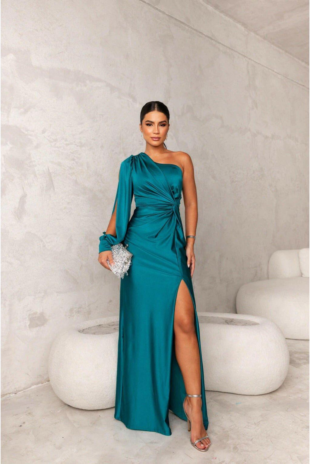 Olive green Becca satin maxi dress by Lumina Wear, featuring elegant design perfect for wedding guests and formal occasions.