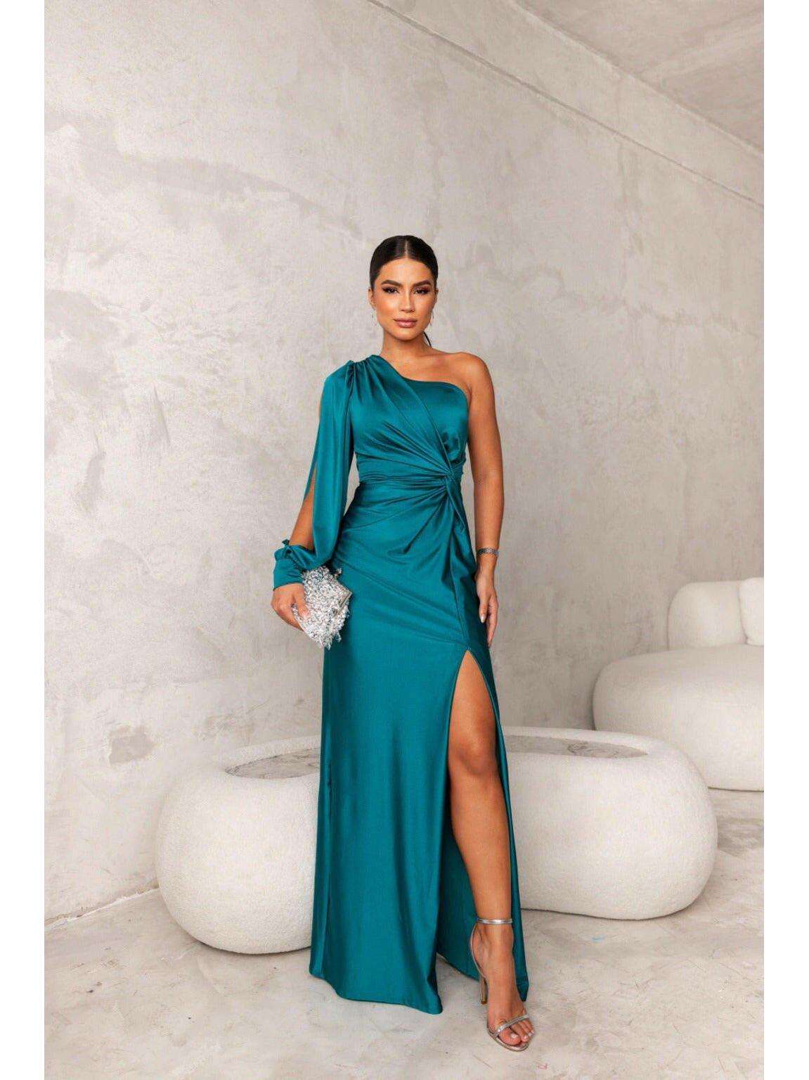 Olive green Becca satin maxi dress by Lumina Vancouver, elegant wedding guest gown with flowing fabric and sophisticated design.