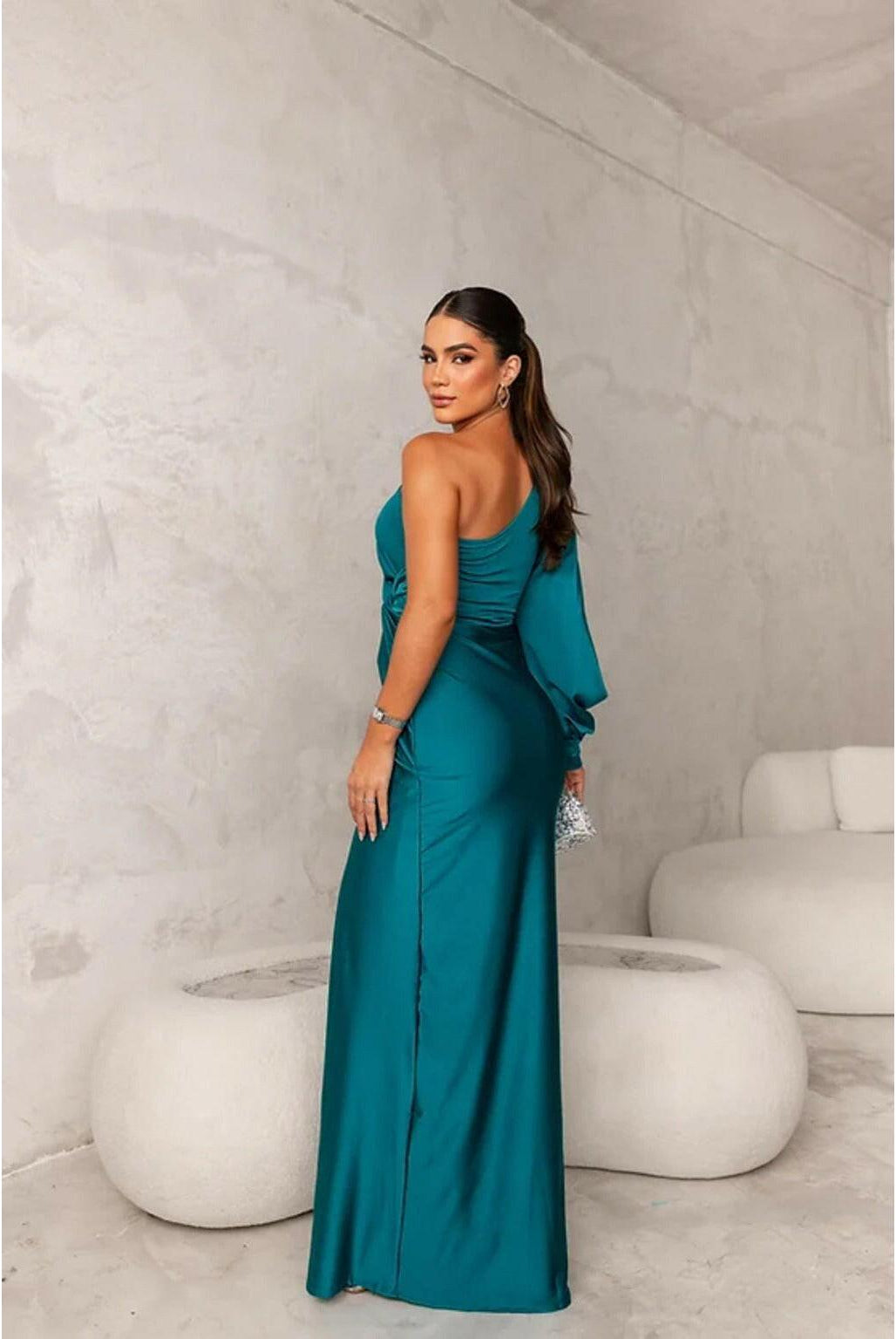Olive green Becca maxi dress by Lumina Wear featuring elegant satin fabric, suitable for wedding guests and formal occasions.