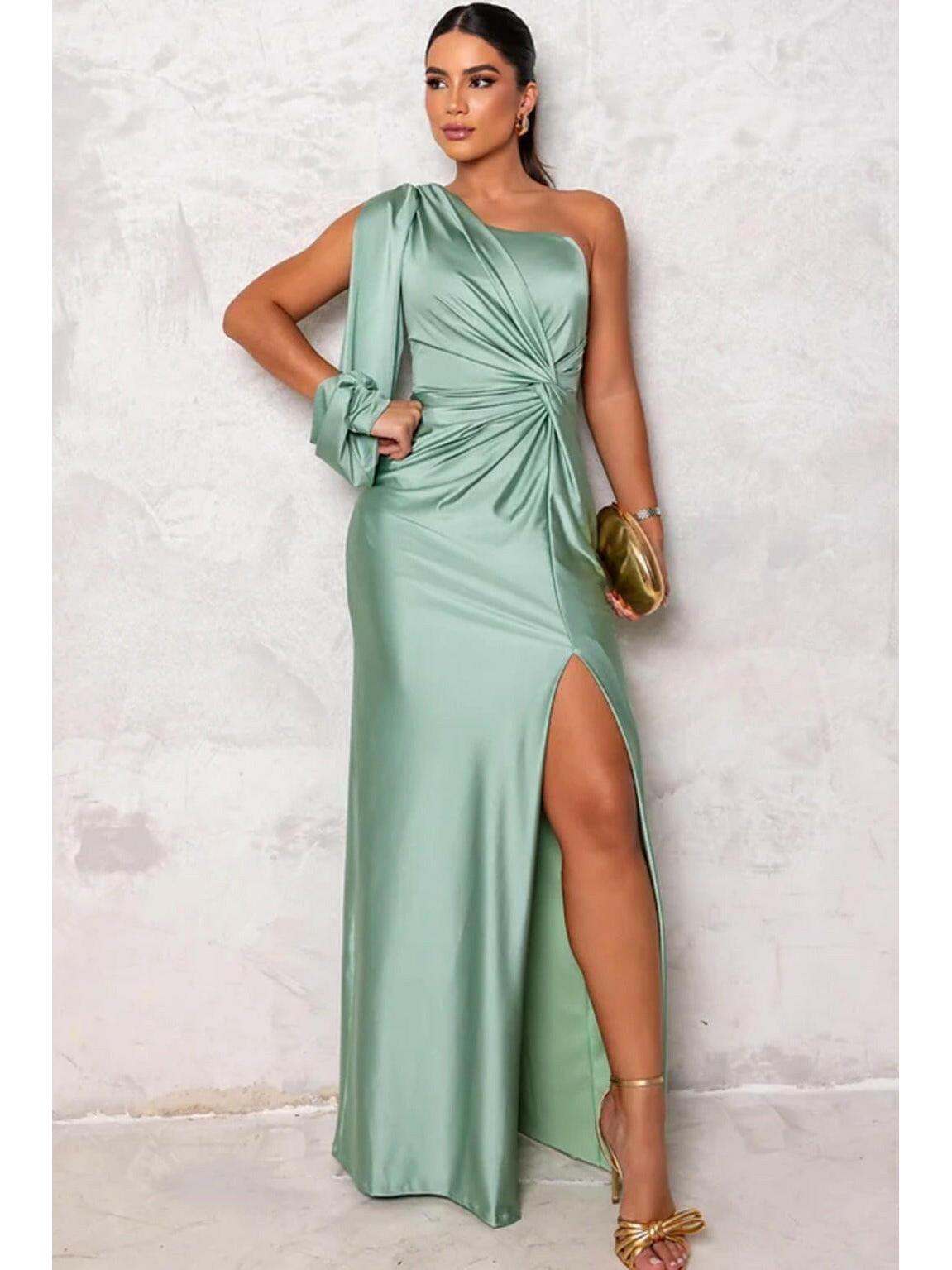 Olive green Becca elegant satin maxi dress by Lumina Vancouver, perfect for wedding guests, shown on a model.