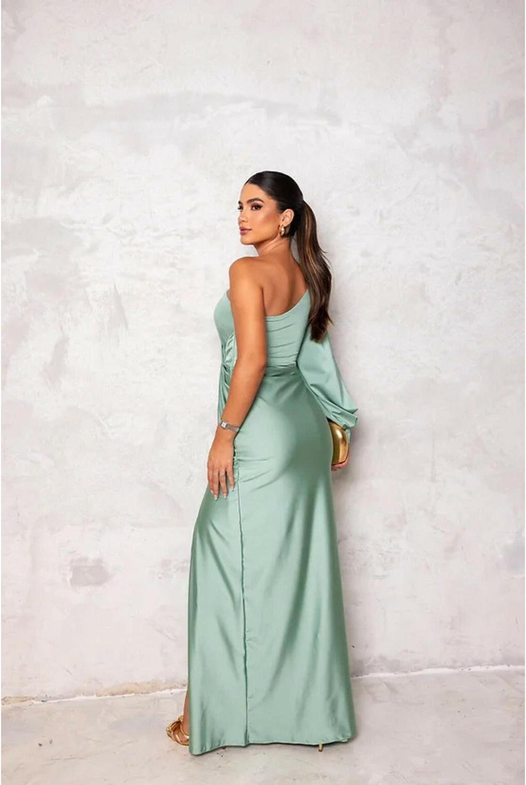 Olive green Becca satin maxi dress by Lumina Wear, elegant evening gown with flowing fabric for wedding guests or formal events