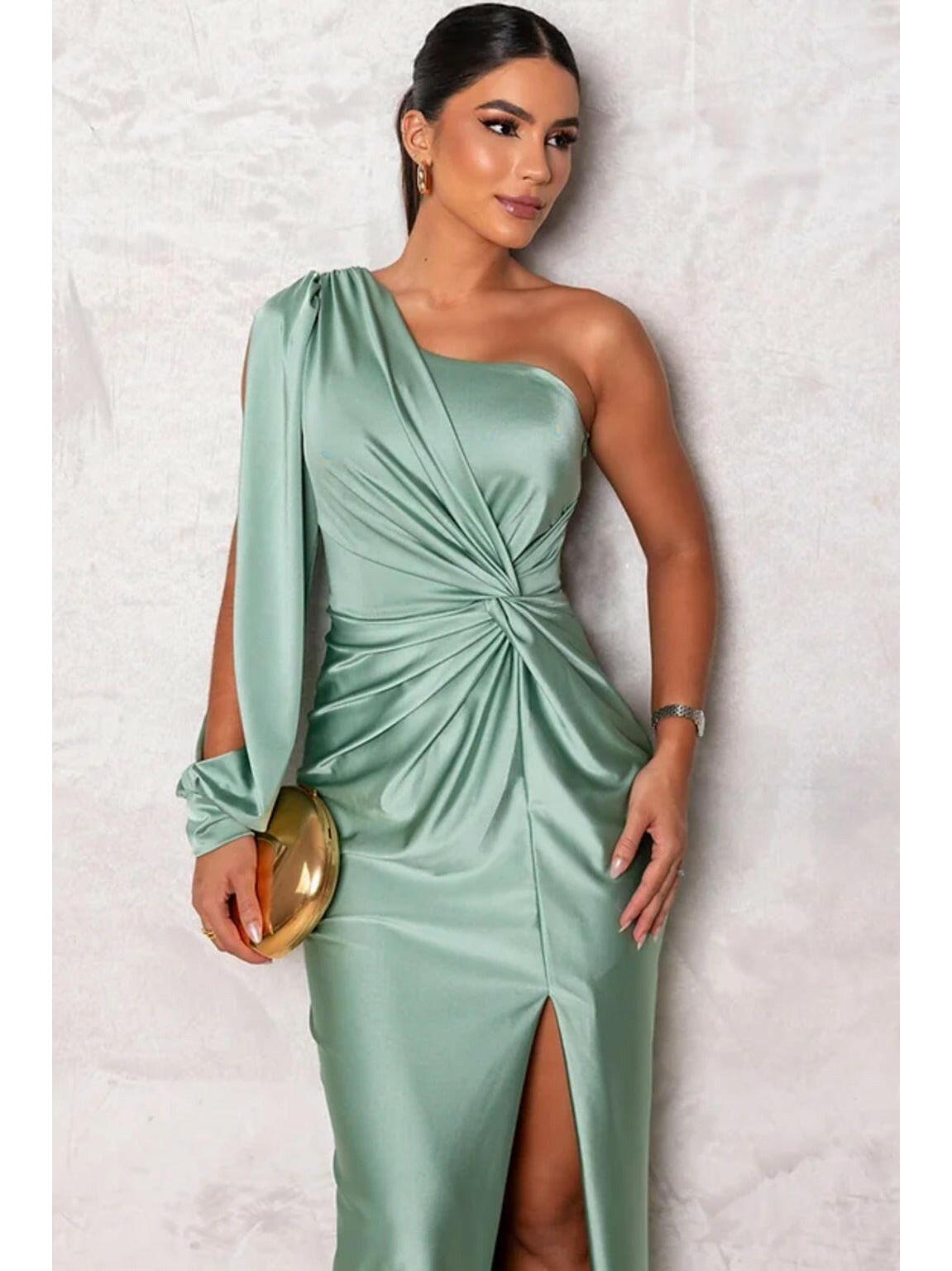 Olive green Becca satin maxi dress by Lumina Vancouver, elegant wedding guest gown with flowing fabric and sophisticated style.