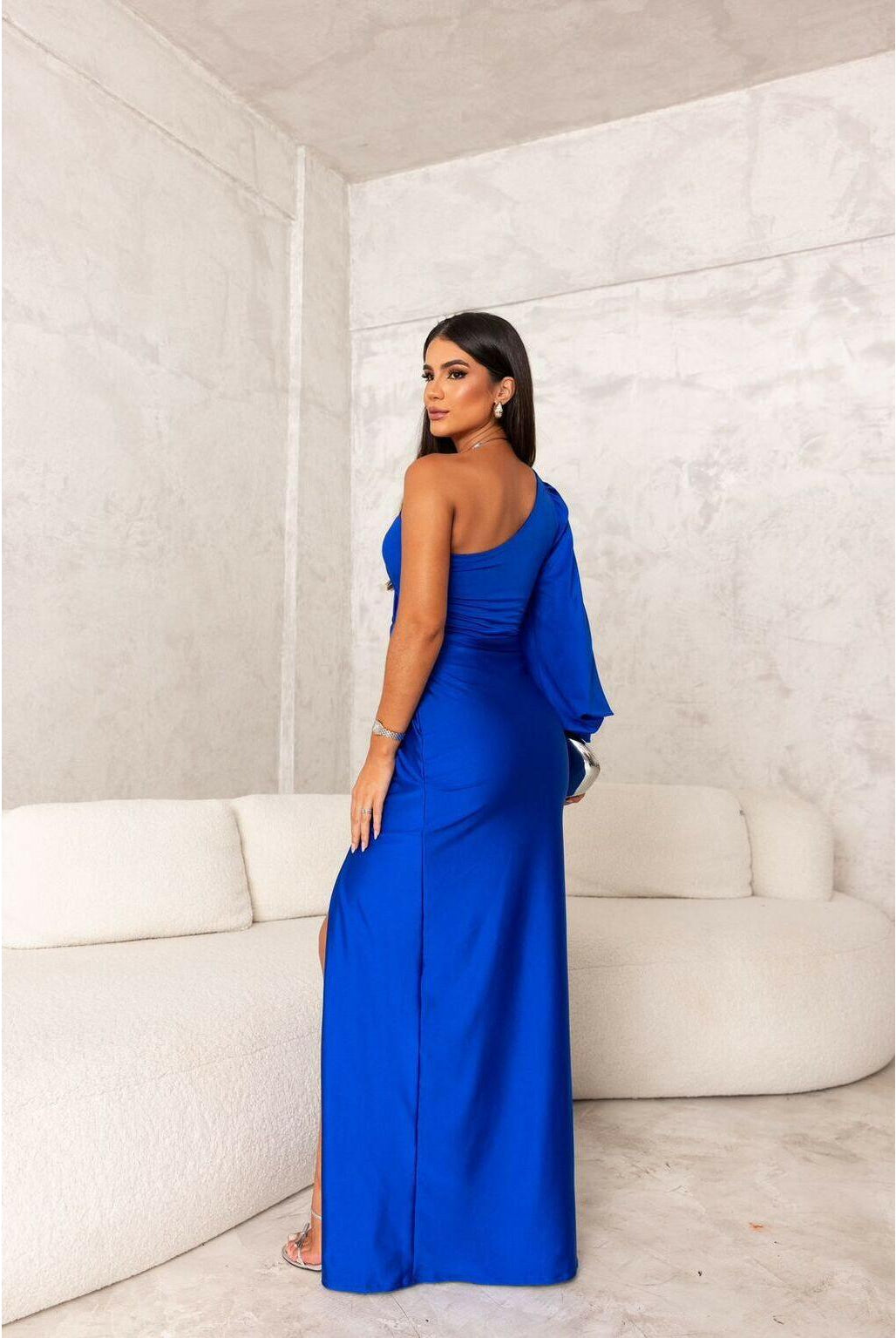 Olive green Becca elegant satin maxi dress by Lumina Wear, showcasing a flowing design perfect for wedding guests.