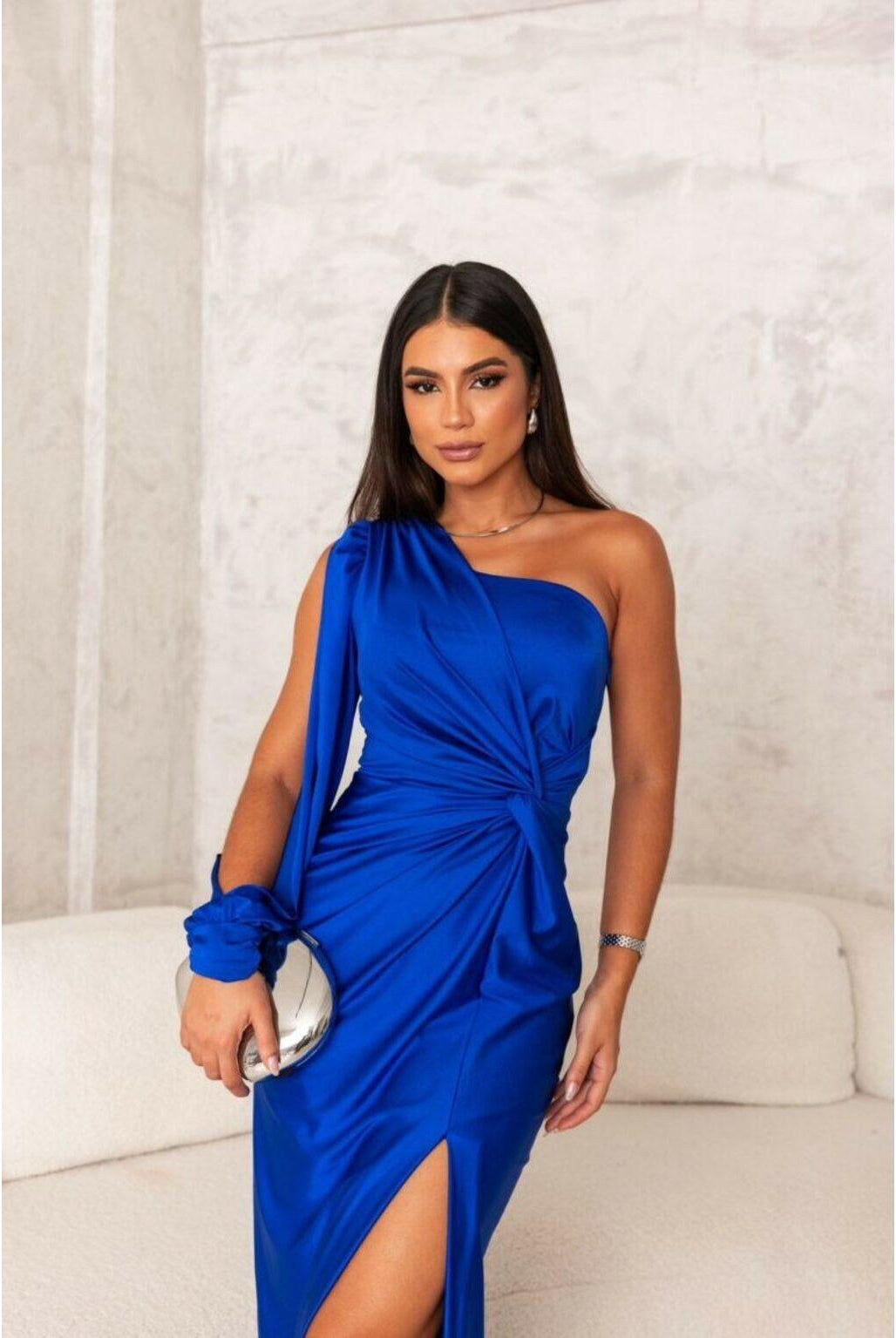 Olive green Becca Elegant Satin Maxi Dress by Lumina Wear, featuring flowing fabric and a sophisticated gown style.