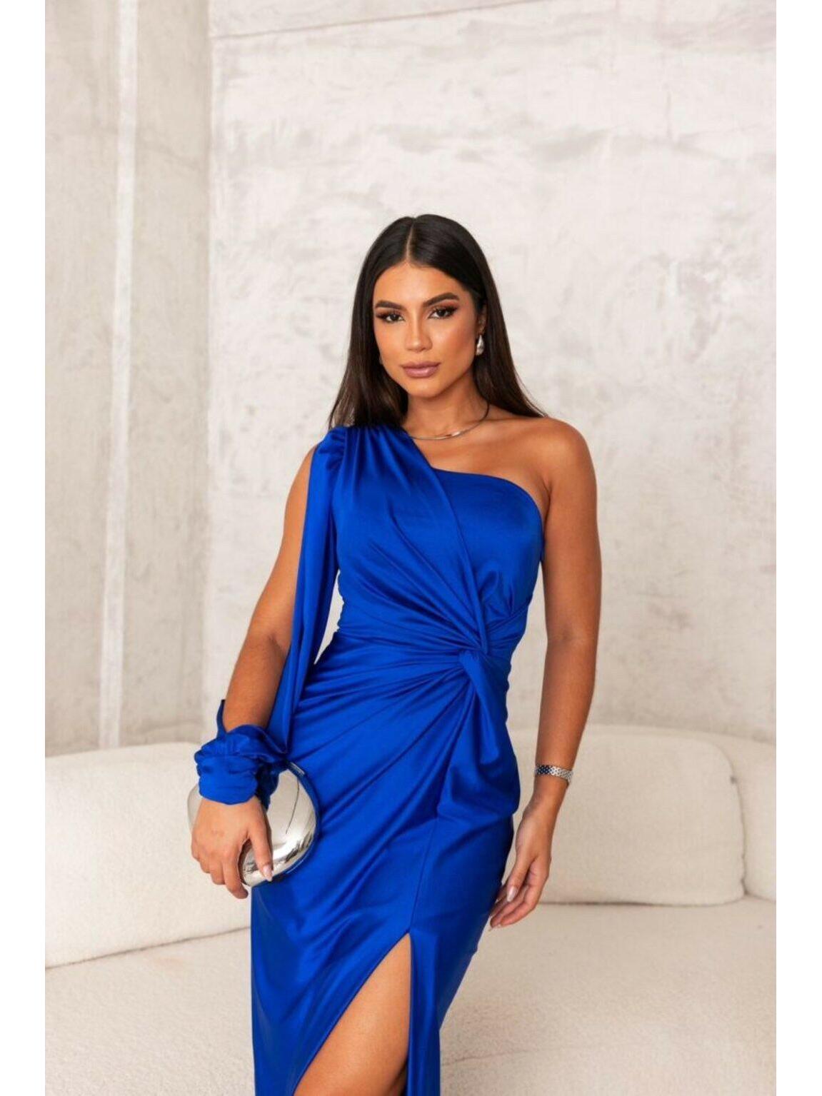 Olive green Becca elegant satin maxi dress by Lumina Vancouver, perfect for wedding guests, shown on a model.